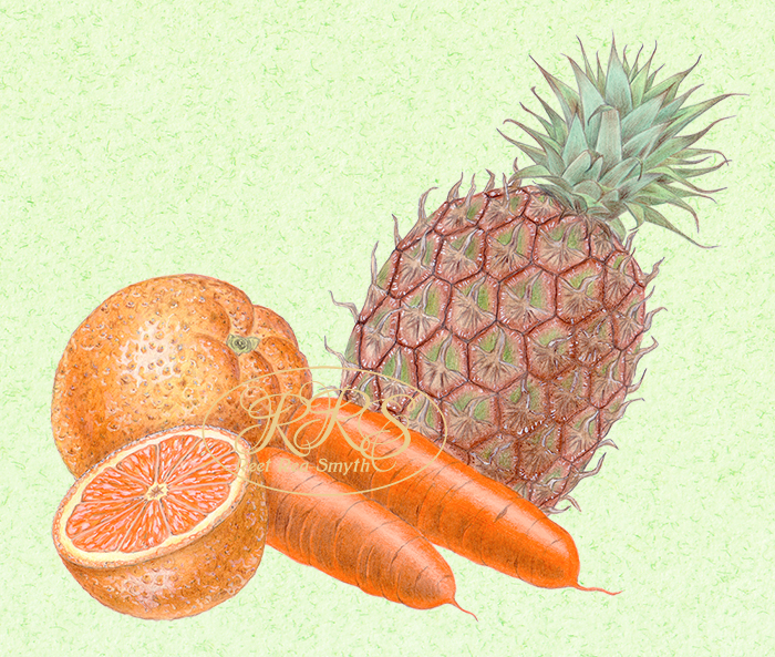 Oranges, carrots and a pineapple